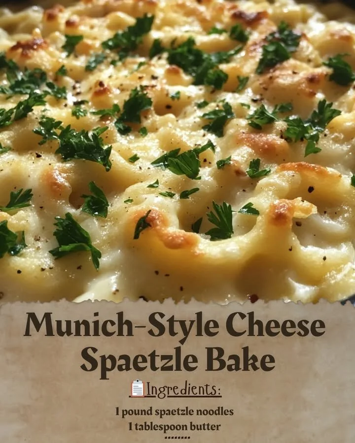 Delicious Munich-Style Cheese Spaetzle Bake topped with cheese and herbs