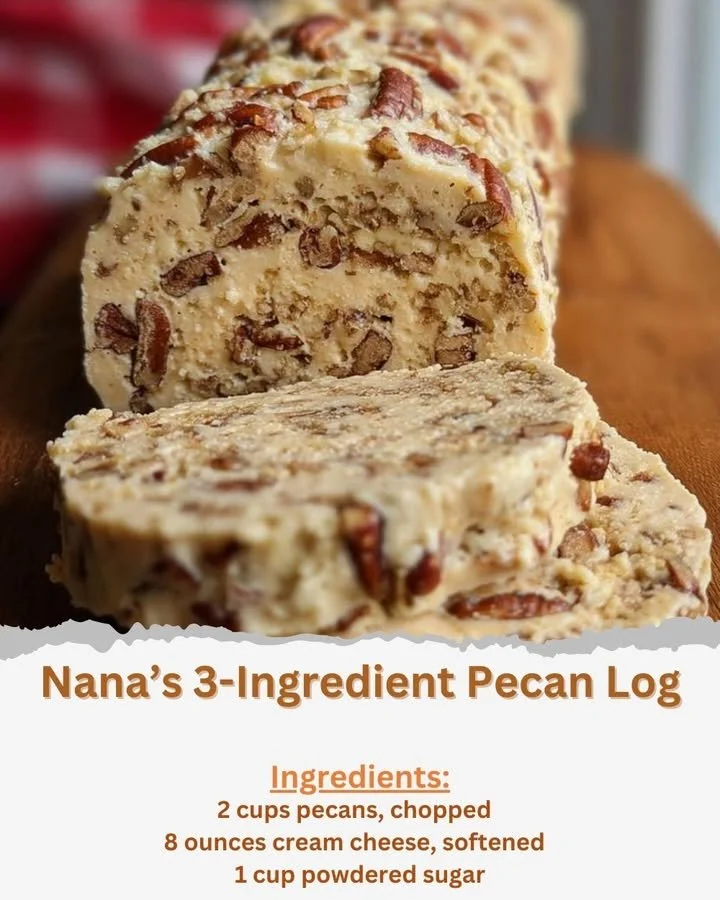 Homemade Nana's 3-Ingredient Pecan Log dessert with nuts and creamy texture.