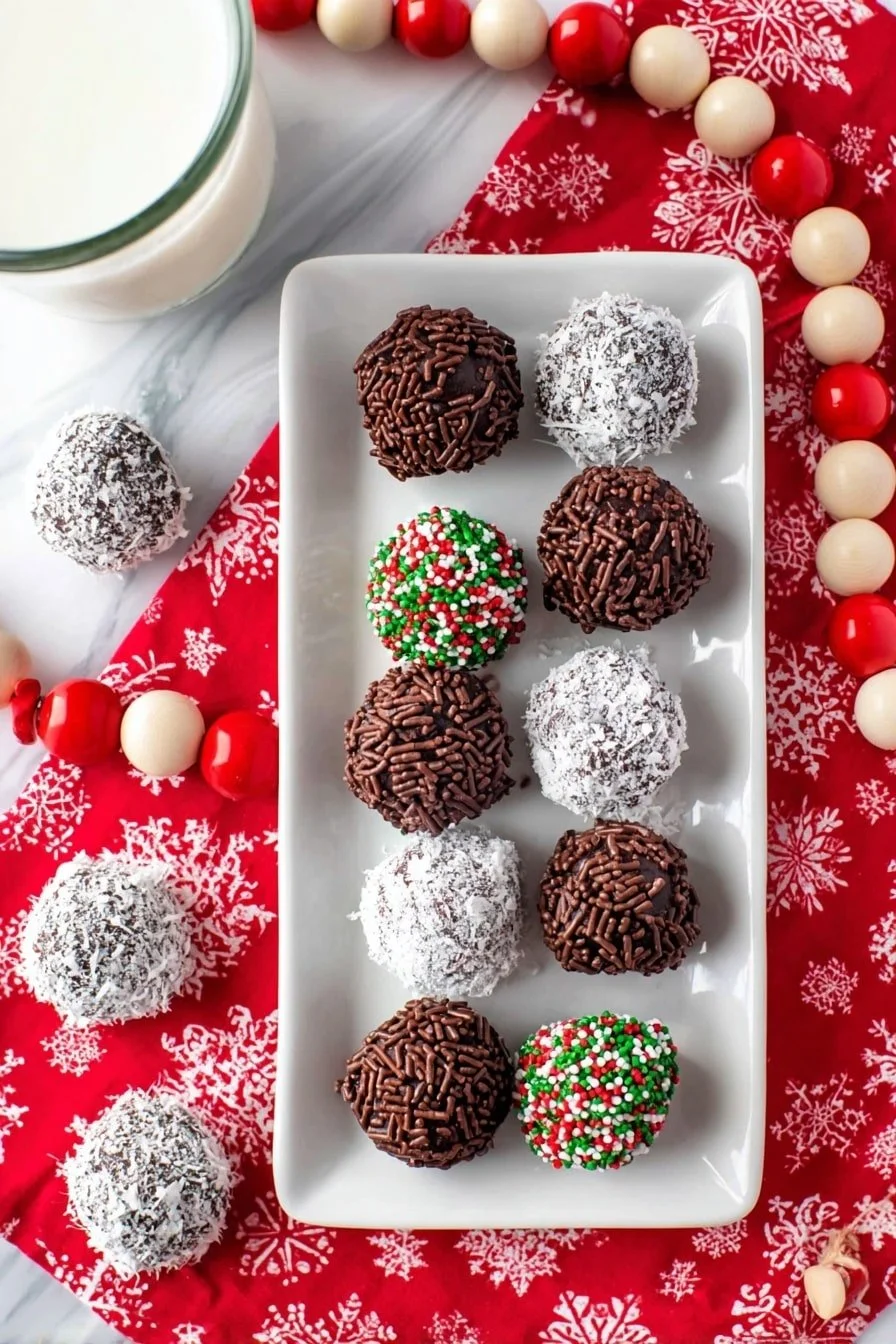 A plate of no bake chocolate rum balls garnished with cocoa powder.