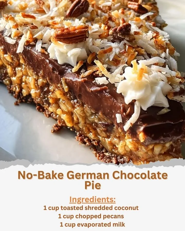 Delicious no-bake German chocolate pie topped with coconut and pecans.