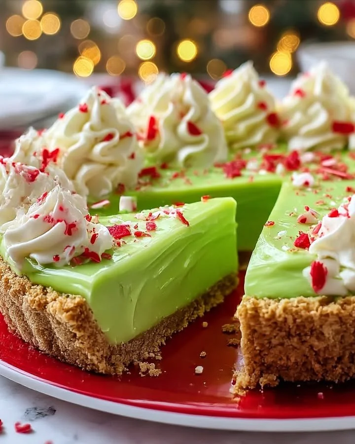 No-Bake Grinch Pie decorated for the holidays
