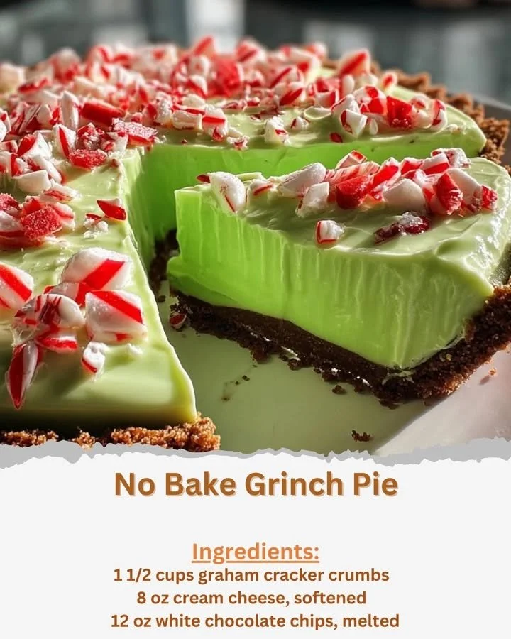 No Bake Grinch Pie decorated for the holidays with festive toppings.