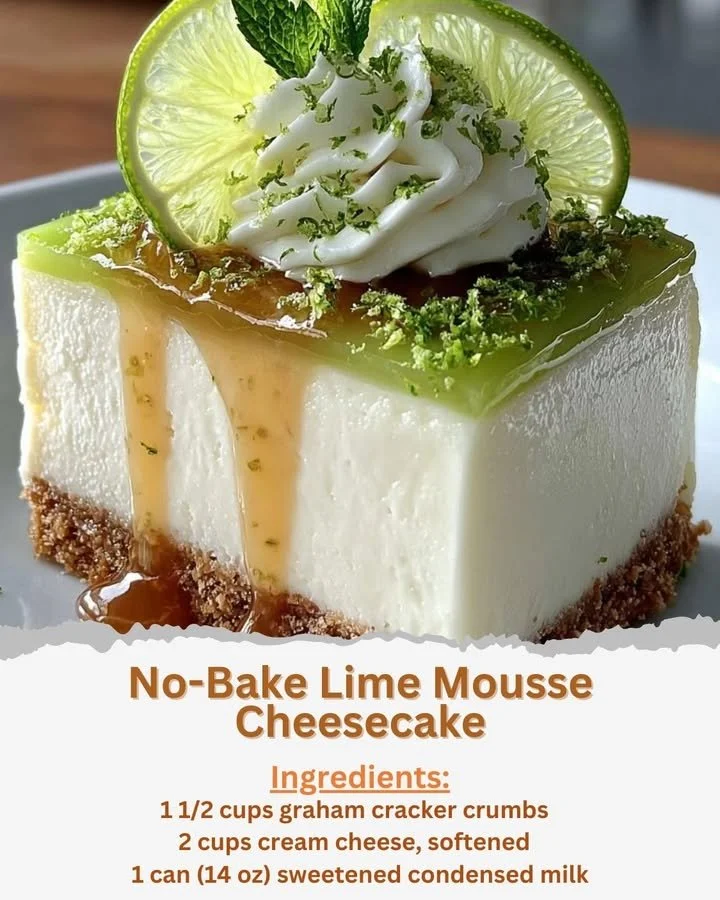 No-bake lime mousse cheesecake topped with lime zest and whipped cream.