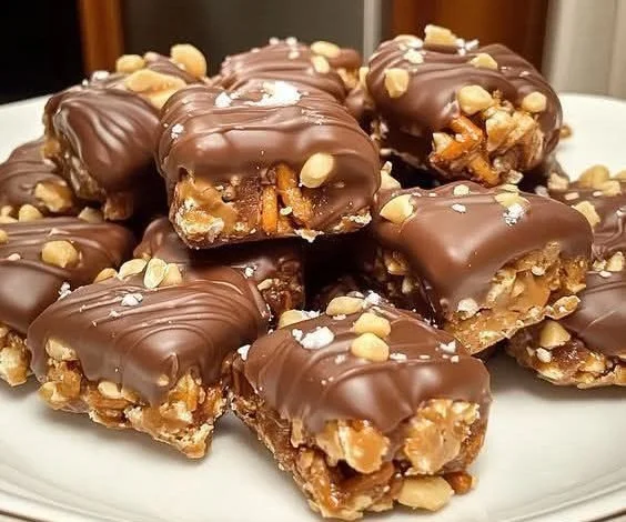 No-bake peanut butter pretzel clusters on a plate, ready to be enjoyed.