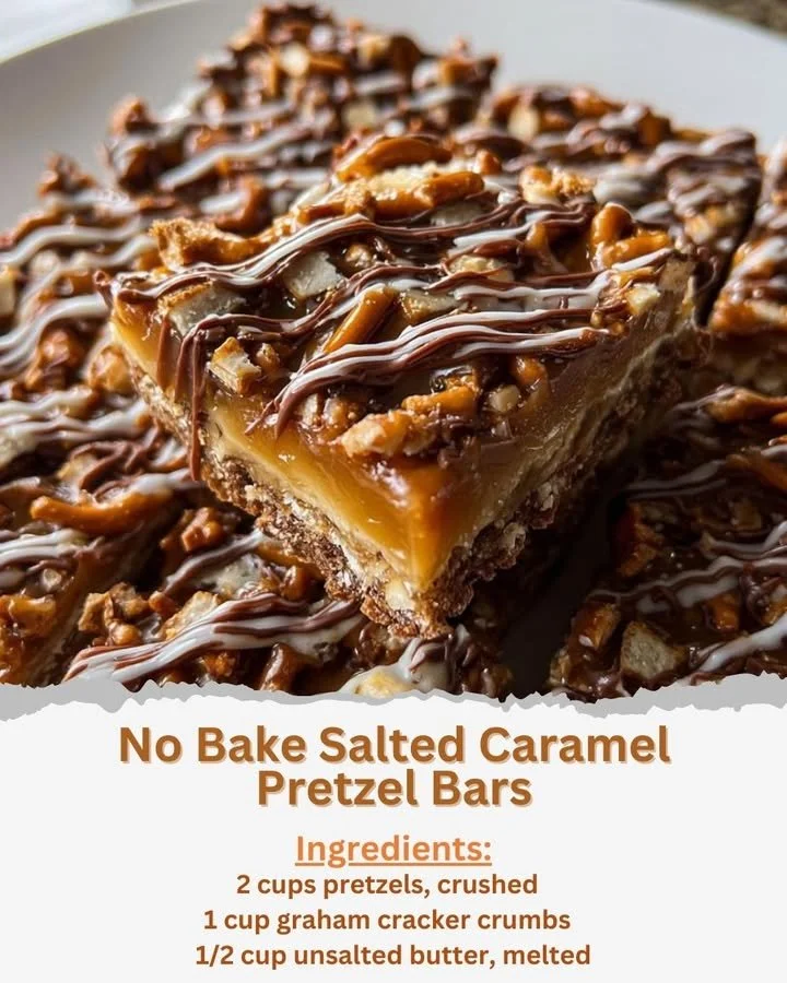 No bake salted caramel pretzel bars topped with caramel drizzle and sea salt.