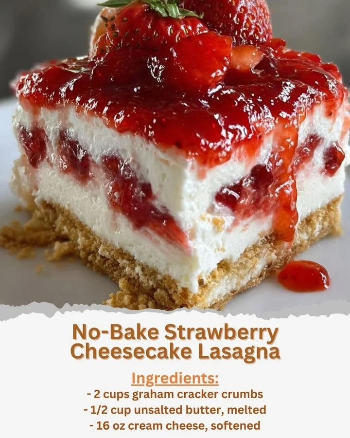No-bake strawberry cheesecake lasagna dessert with fresh strawberries and layers.