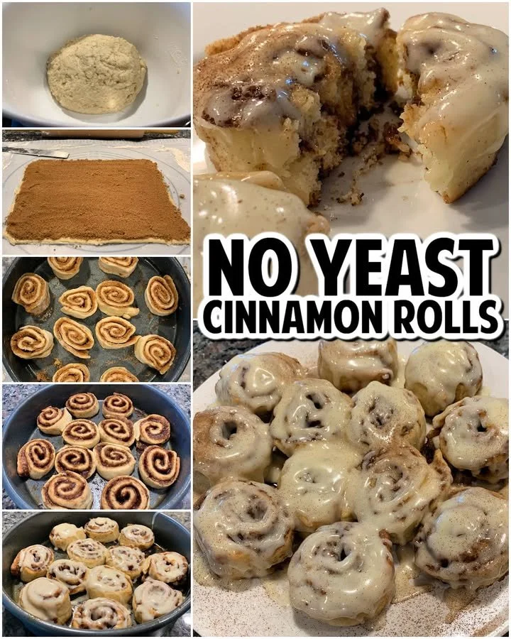 Delicious no yeast cinnamon rolls fresh out of the oven, with frosting
