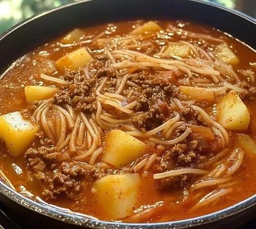 Plate of noodles with potatoes and ground beef, garnished with herbs.