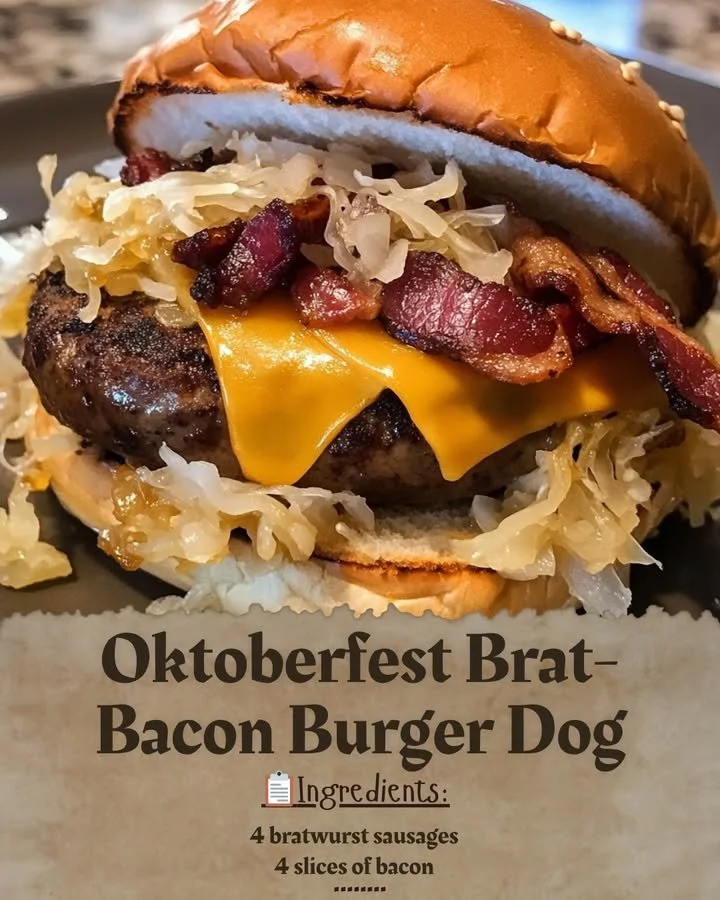 Octoberfest Brat-Bacon Burger Dog topped with mustard and onions