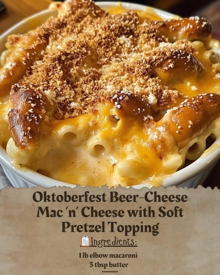 Oktoberfest Beer-Cheese Mac ‘n’ Cheese with a crunchy soft pretzel topping