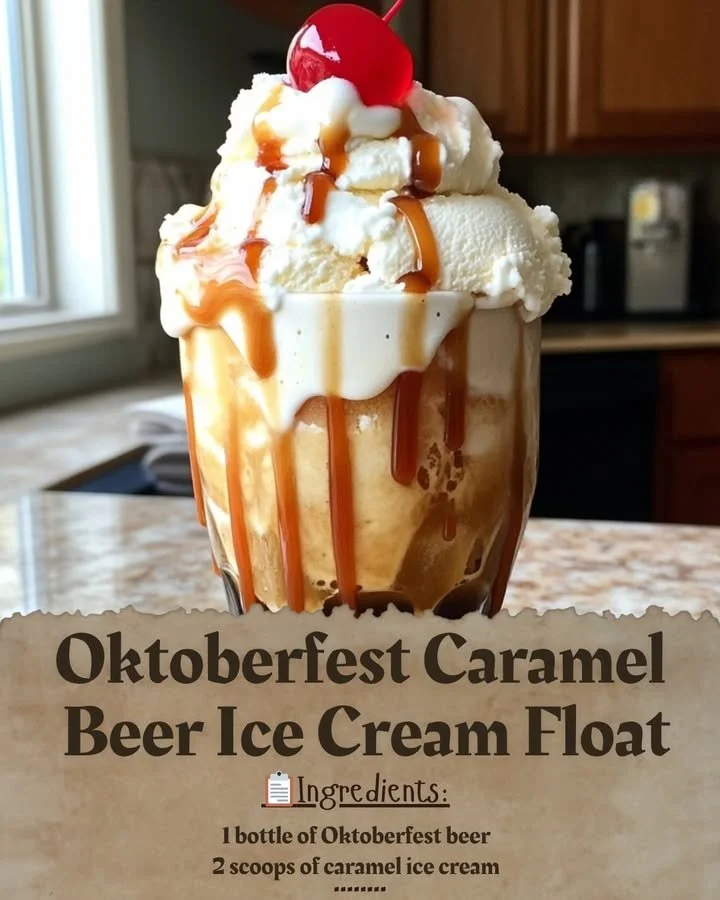Oktoberfest Caramel Beer Float topped with creamy ice cream and caramel drizzle.