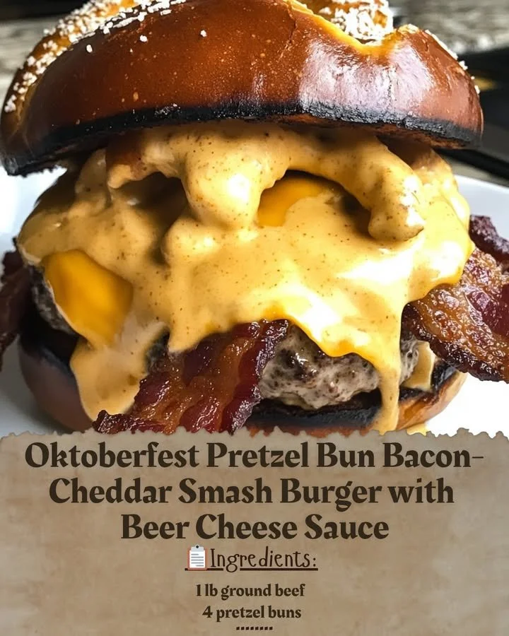 Oktoberfest Pretzel Bun Bacon-Cheddar Smash Burger with Beer Cheese Sauce