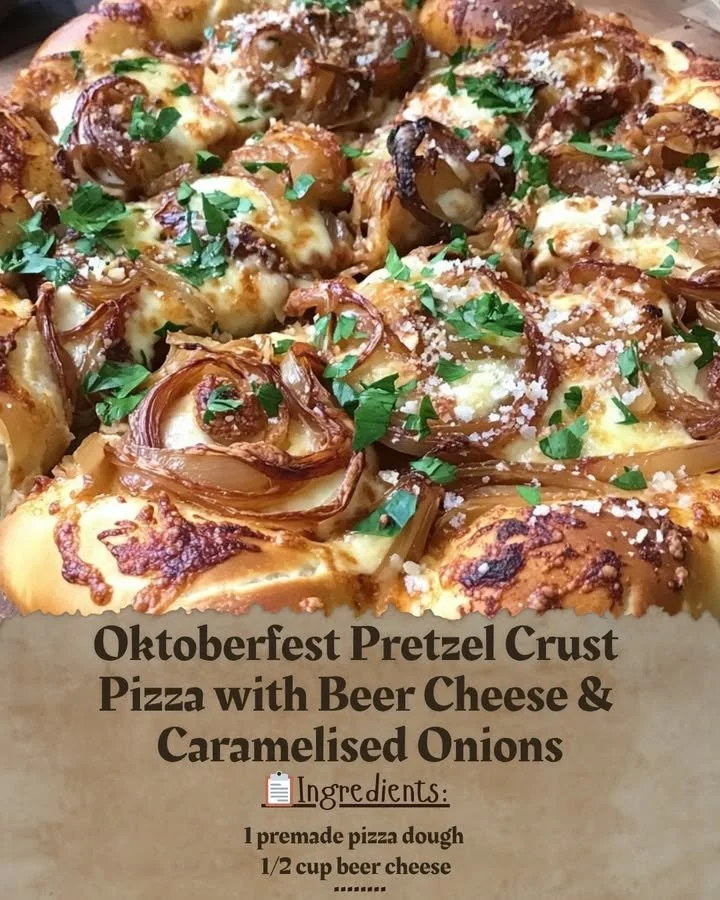 Oktoberfest Pretzel Crust Pizza with Beer Cheese and Caramelized Onions