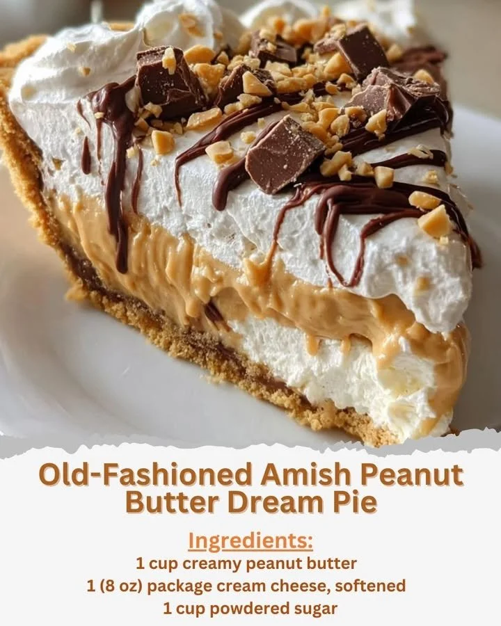 Slice of Old-Fashioned Amish Peanut Butter Dream Pie with whipped cream topping