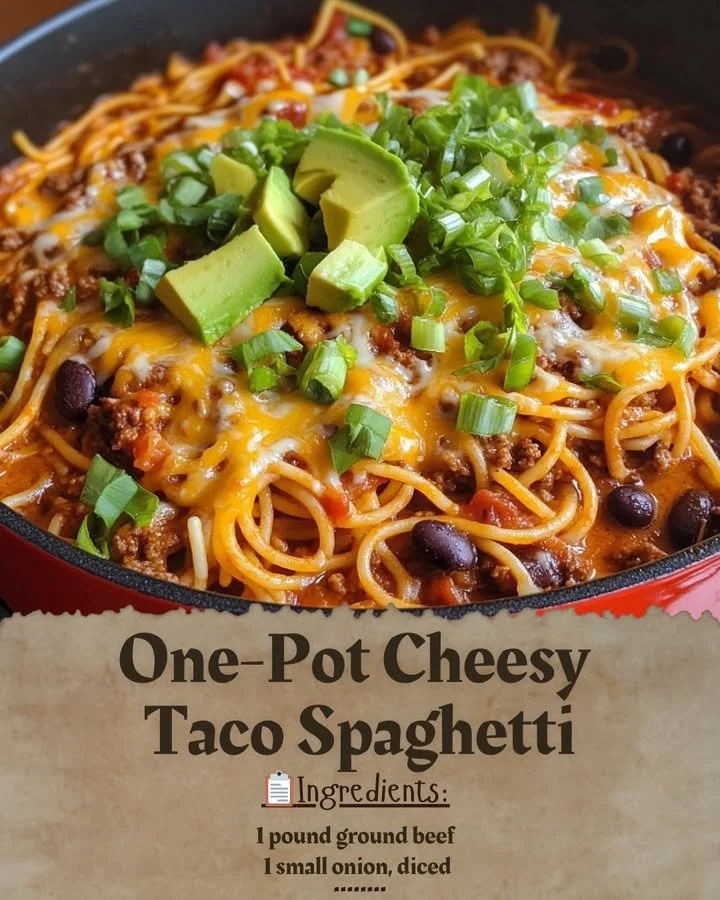Delicious one-pot cheesy taco spaghetti topped with fresh herbs and cheese