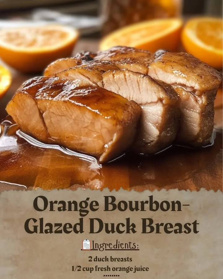 Orange Bourbon-Glazed Duck Breast served with garnishes and a sprig of herbs.