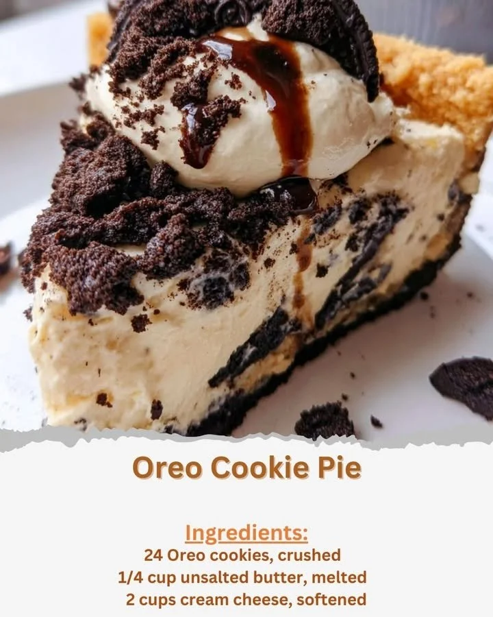 Decadent Oreo Cookie Pie topped with whipped cream and chocolate drizzle