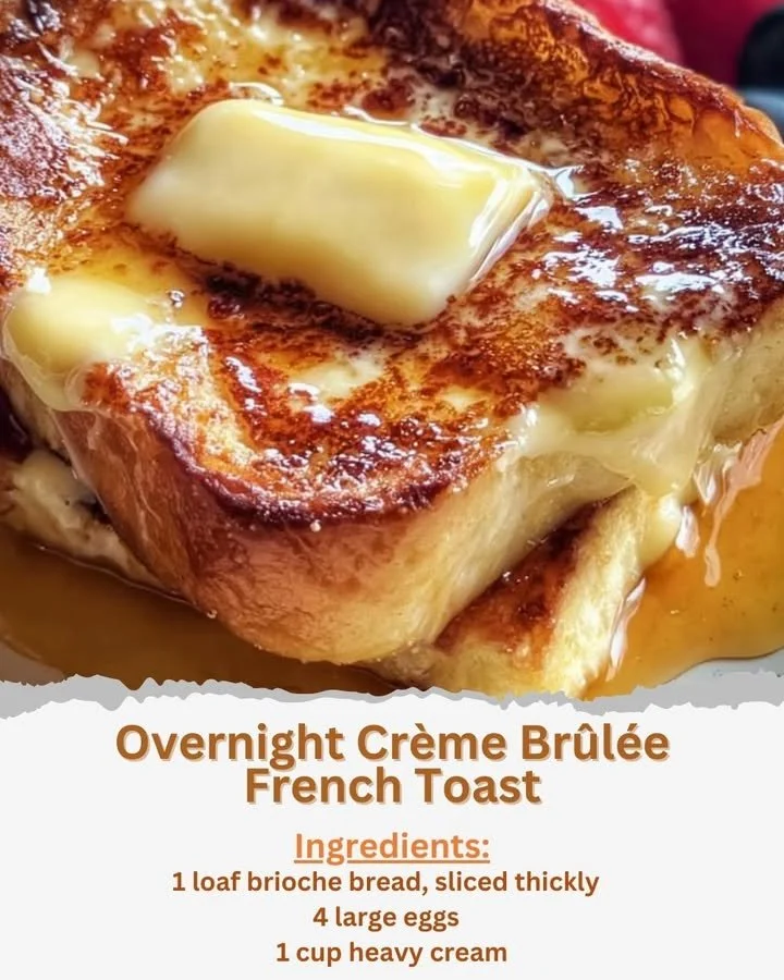 Decadent Overnight Cream Brûlée French Toast ready to serve with syrup and berries.