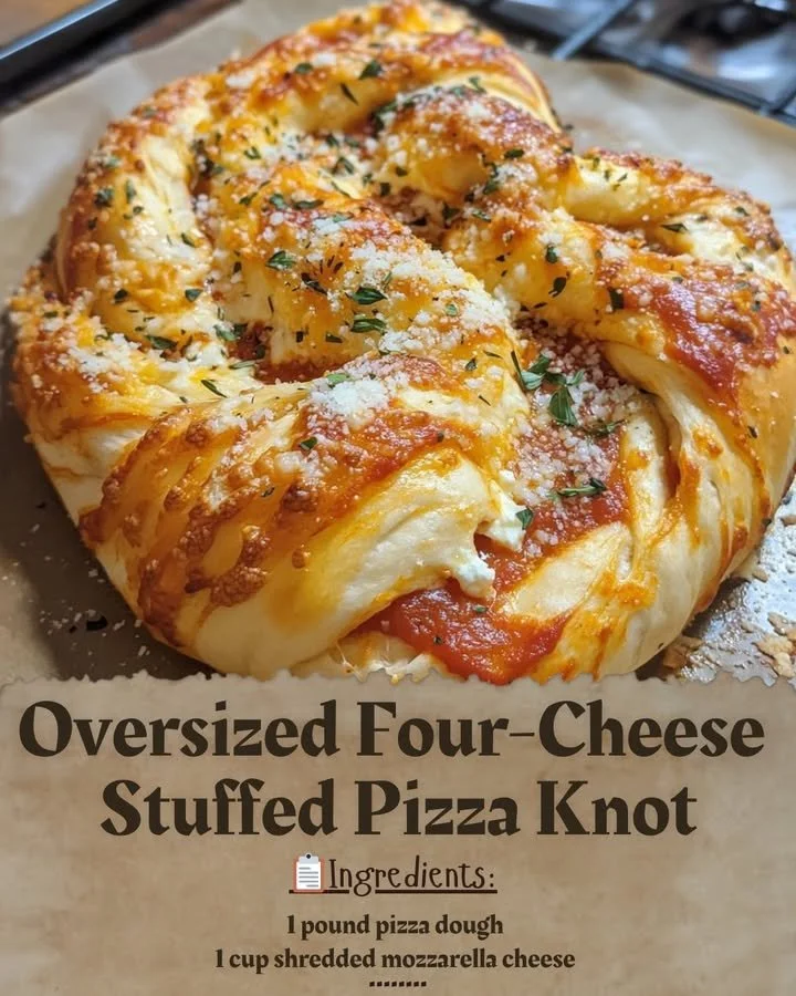 Oversized four-cheese stuffed pizza knot with gooey cheese and a golden crust.