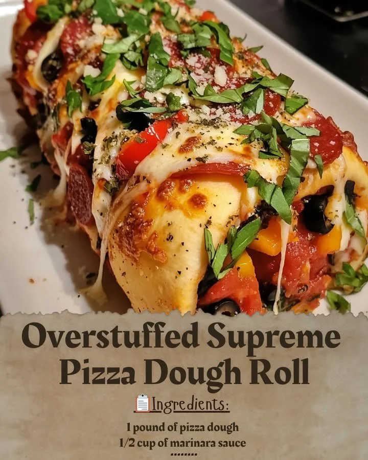 Overstuffed Supreme Pizza Dough Roll with fresh toppings and cheese