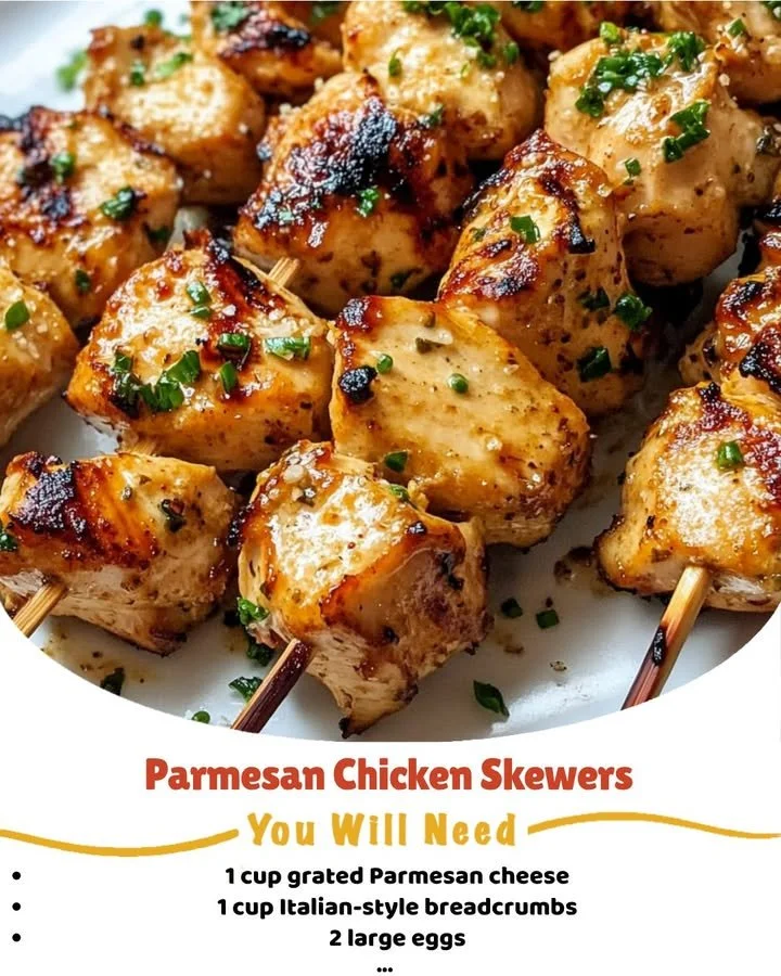 Juicy Parmesan Chicken Skewers served on a platter garnished with herbs.