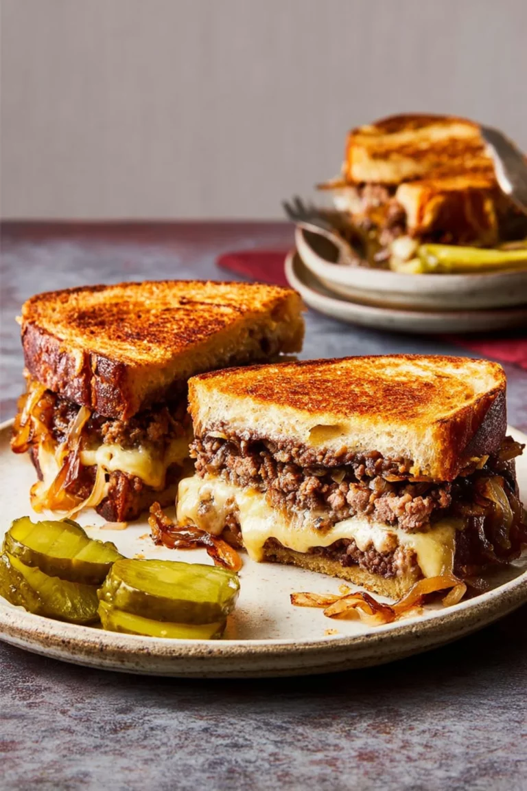 Delicious homemade patty melt toasties with juicy beef and melted cheese