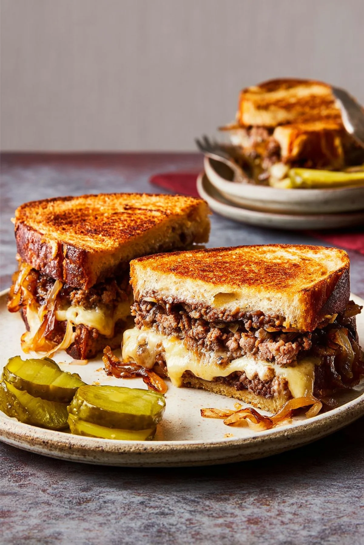 Delicious homemade patty melt toasties with juicy beef and melted cheese