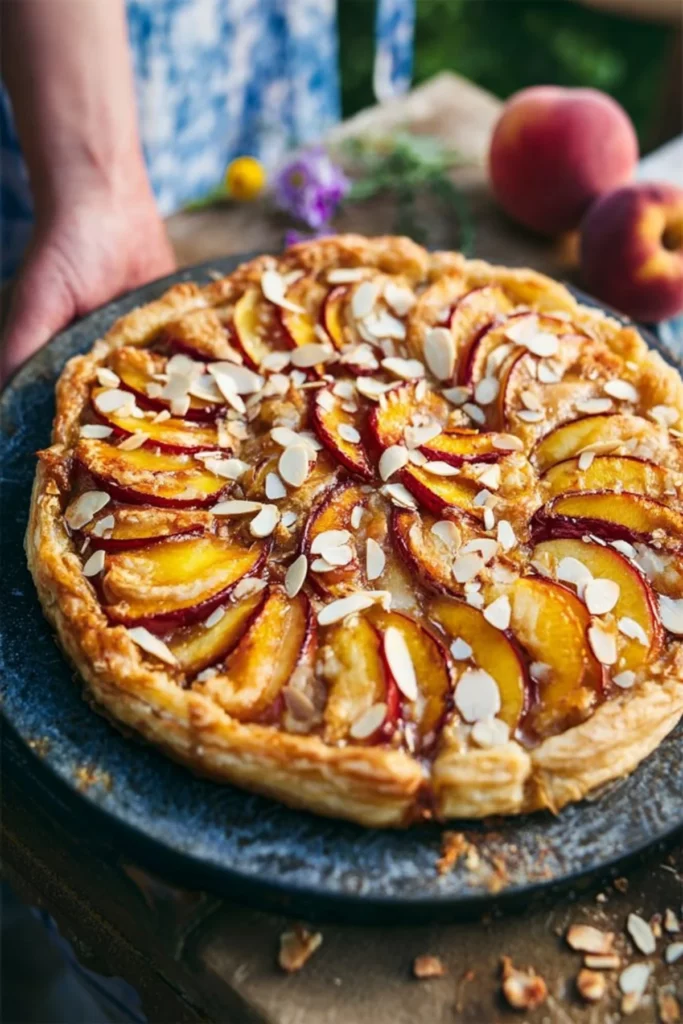Peach Puff Pastry Tart topped with almonds on a white plate