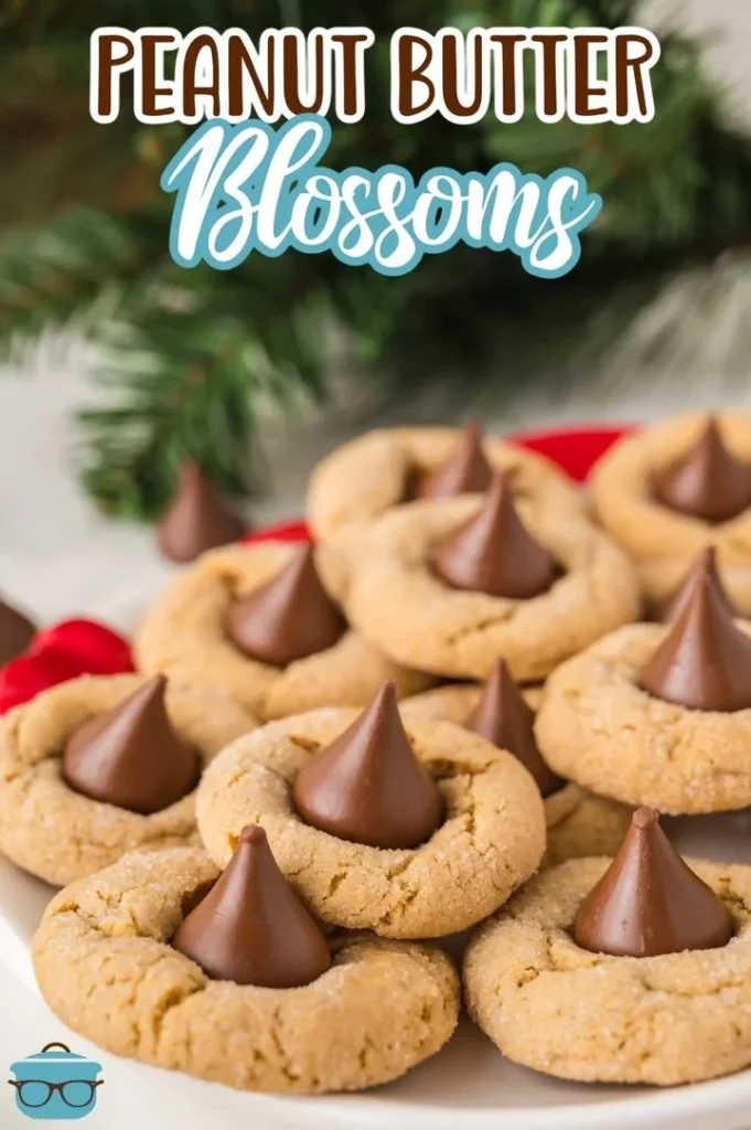 Freshly baked Peanut Butter Blossoms cookies with chocolate kisses on top.