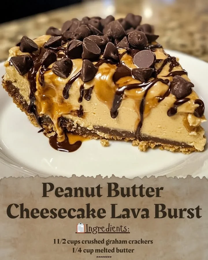 Peanut butter cheesecake lava burst with creamy filling and rich chocolate drizzle