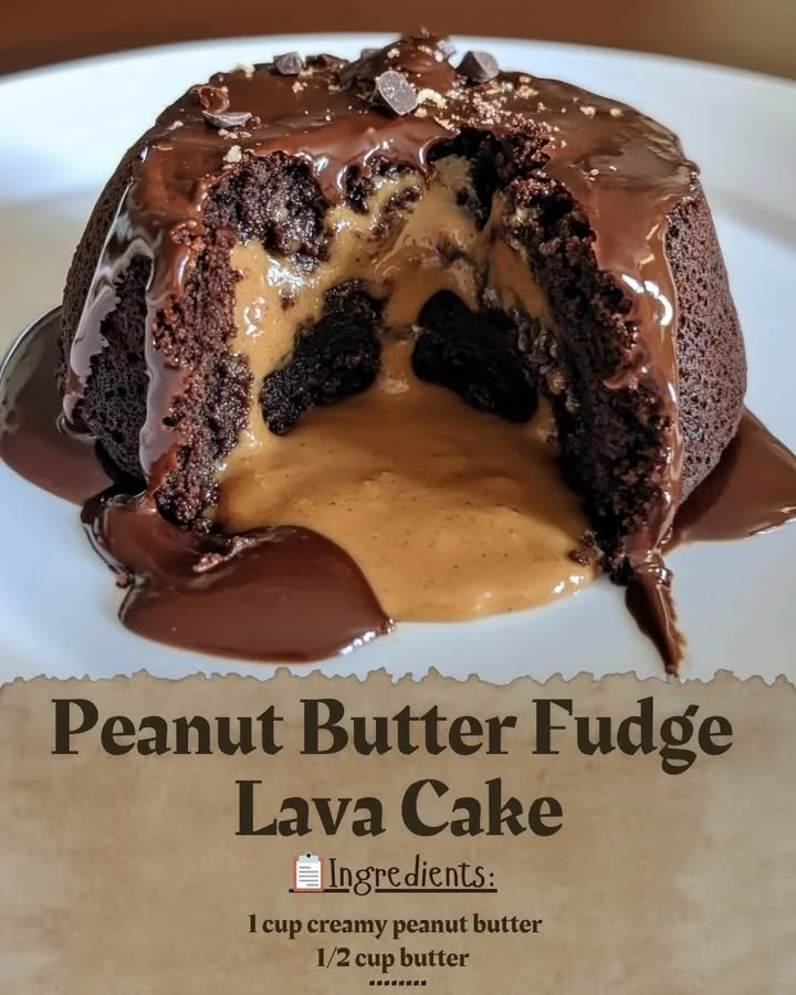 Delicious peanut butter fudge lava cake with a gooey, chocolatey center