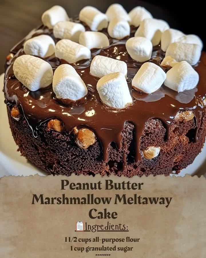 Peanut Butter Marshmallow Meltaway Cake with creamy frosting and chocolate drizzle