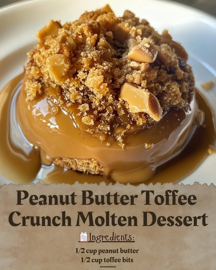 Delicious Peanut Butter Toffee Crunch Molten Dessert topped with rich chocolate and peanuts