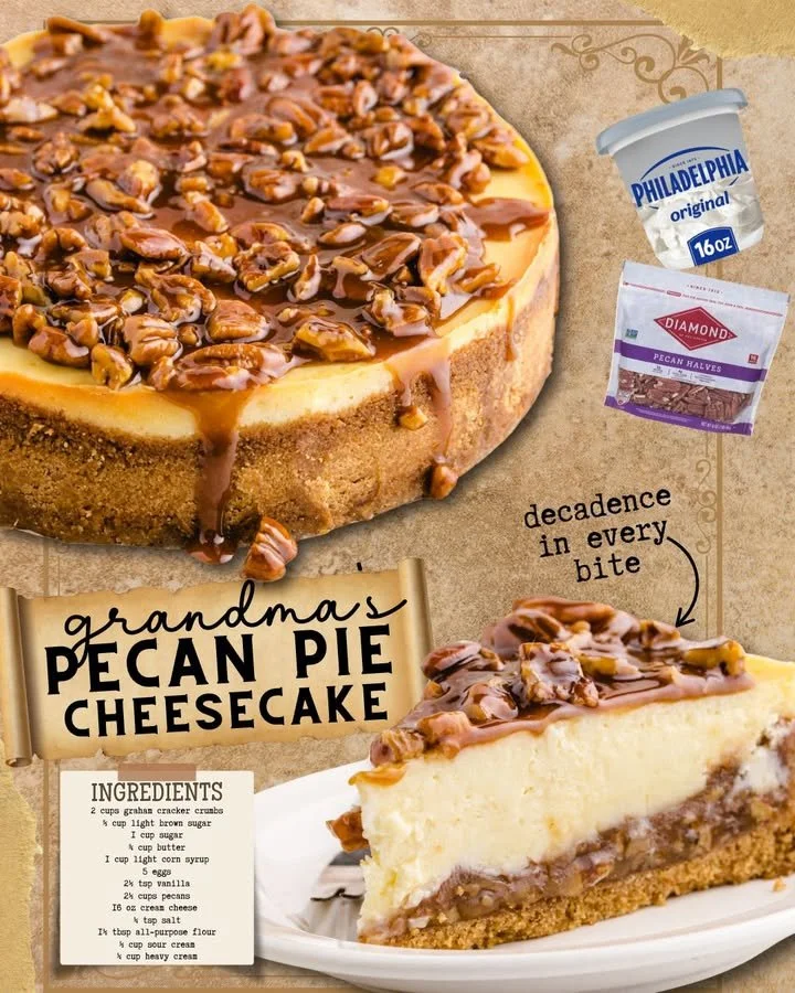 Delicious pecan pie cheesecake with a creamy layer and topped with pecans