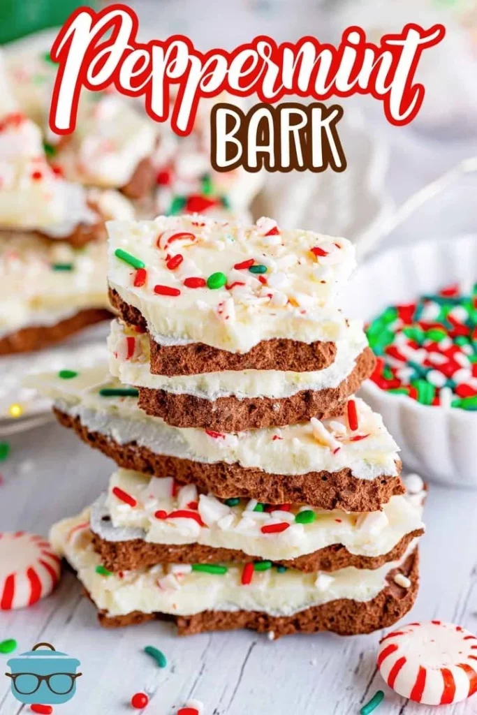 Delicious homemade peppermint bark with chocolate and crushed peppermint