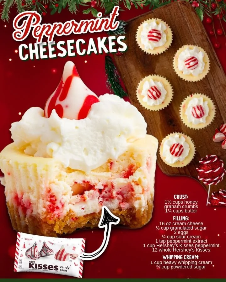 Delicious peppermint cheesecake topped with whipped cream and candy cane sprinkles.
