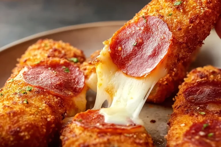 Pepperoni pizza mozzarella sticks served hot and cheesy