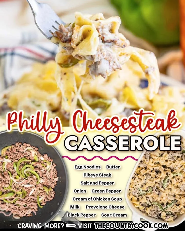 Delicious Philly cheesesteak casserole topped with melted cheese and savory beef