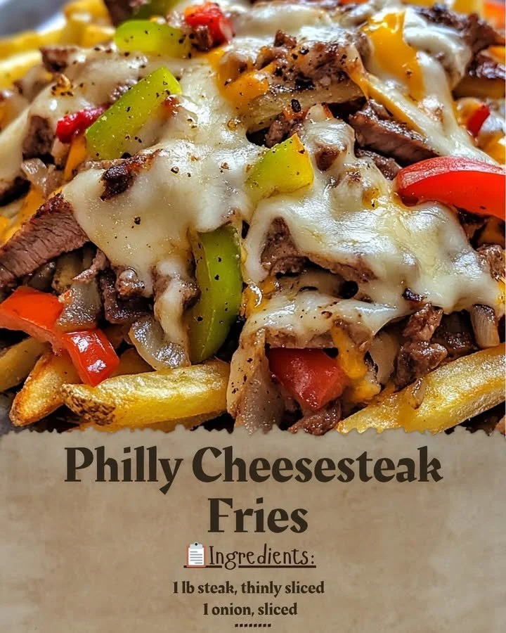 Delicious Philly Cheesesteak Fries topped with steak and melted cheese