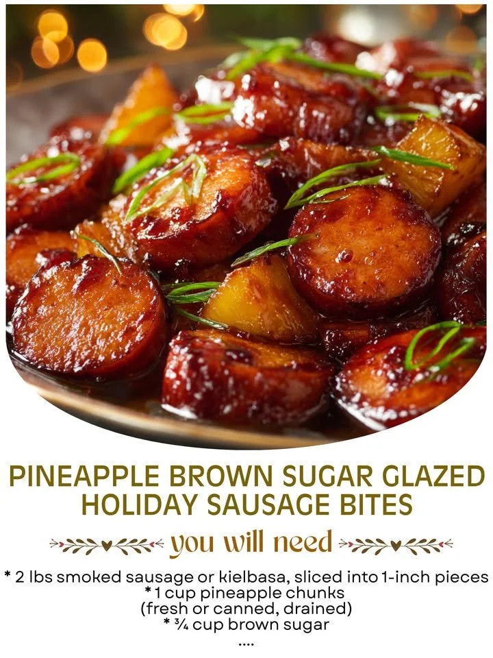 Pineapple Brown Sugar Glazed Holiday Sausage Bites served as a festive appetizer