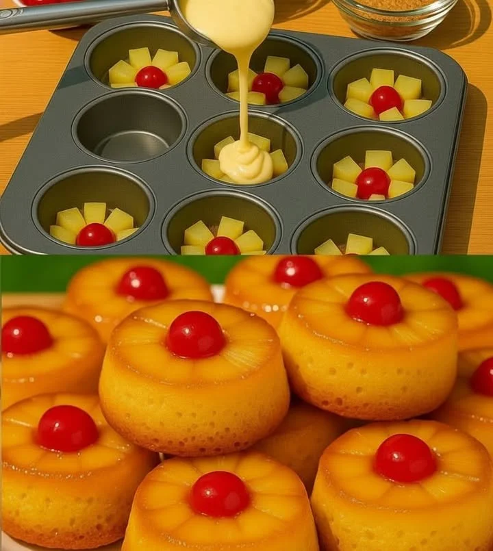 Pineapple Upside Down Cupcakes topped with cherries and pineapple slices