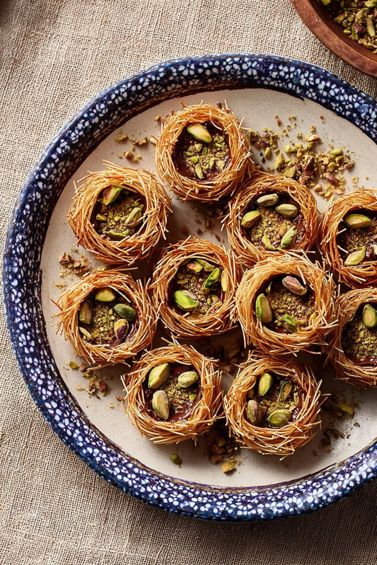 Delicious pistachio bird’s nests dessert decorated with chocolate and candies