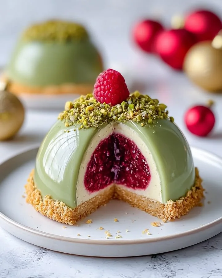 Pistachio Cheesecake Domes with Raspberry Surprise on a decorative plate