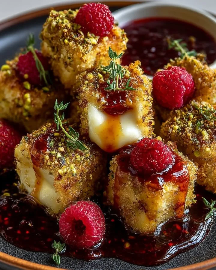 Pistachio-crusted brie bites drizzled with raspberry honey on a serving platter.