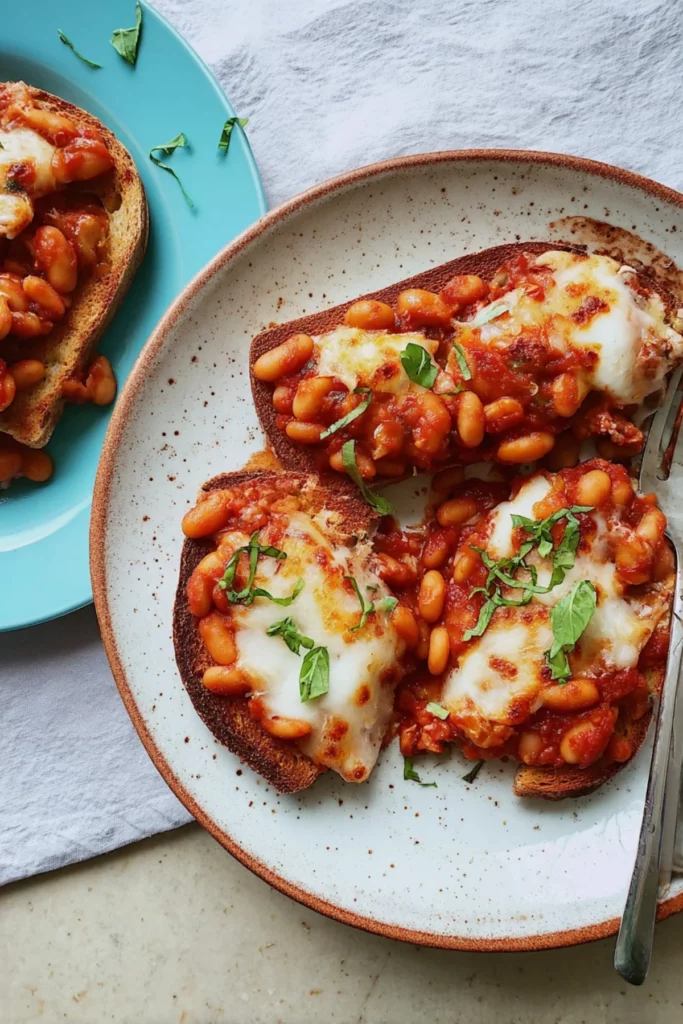 Plate of Pizza Beans on Toast garnished with herbs