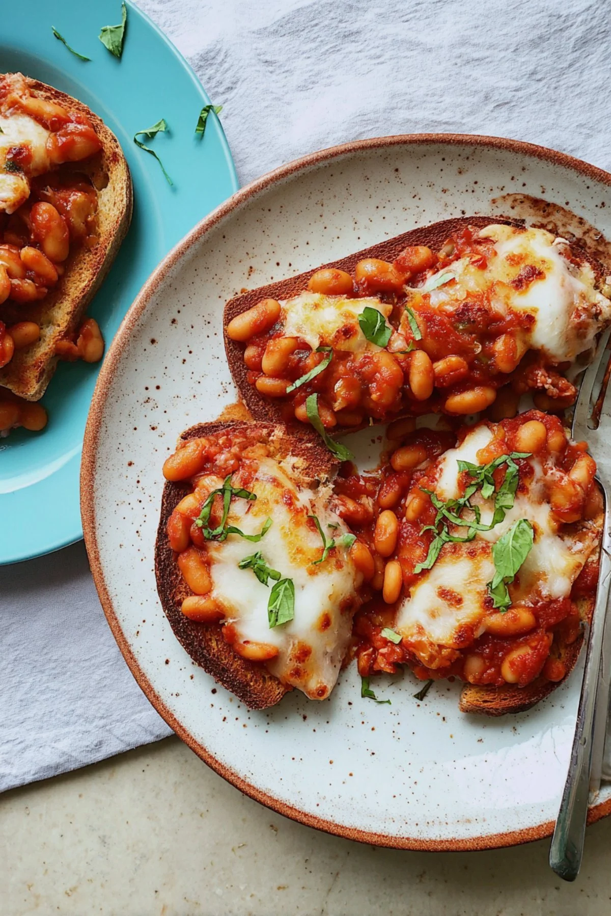 Plate of Pizza Beans on Toast garnished with herbs