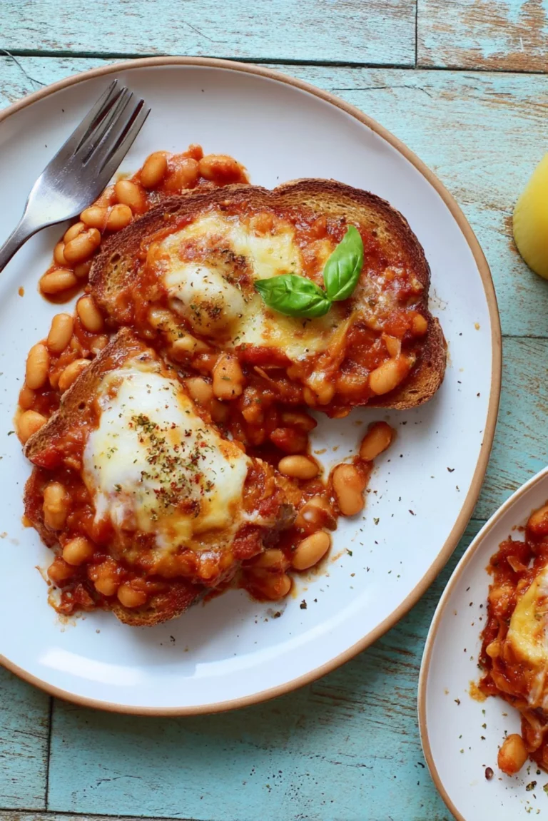A plate of Pizza Beans on Toast garnished with fresh herbs