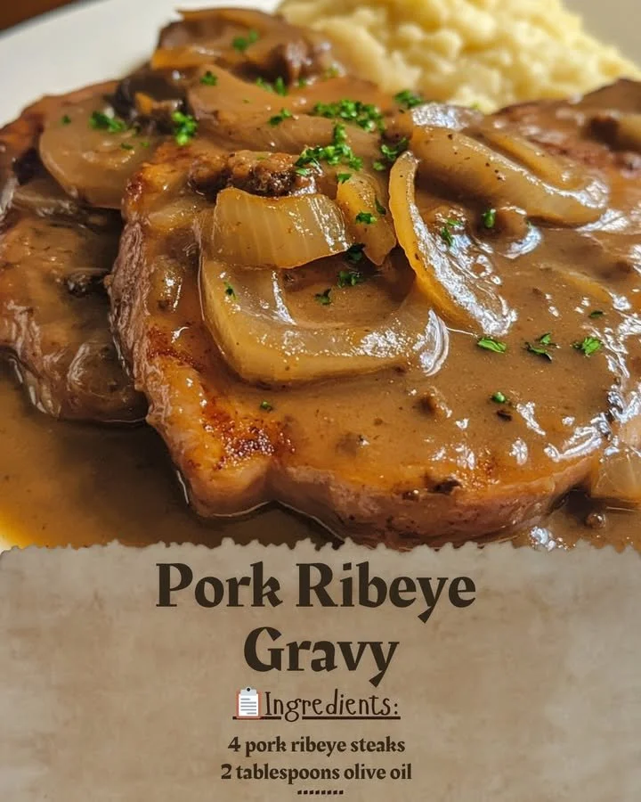 Succulent Pork Ribeye covered in rich, flavorful gravy served on a plate