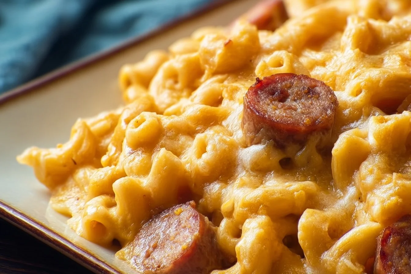 Bowl of creamy Pumpkin Mac & Cheese topped with herbs and cheese.