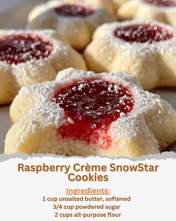 Decadent Raspberry Cream SnowStar Cookies with a rich raspberry filling.